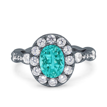 Oval Art Deco Halo Wedding Bridal Ring Black Tone, Simulated Paraiba Tourmaline CZ 925 Sterling Silver